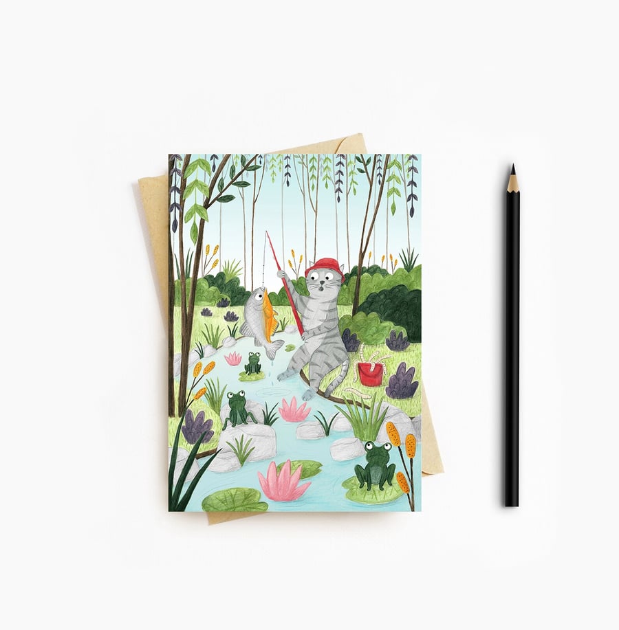 Fishing Cat Card - Blank Card - Greeting Card