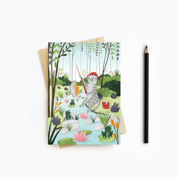 Fishing Cat Card - Blank Card - Greeting Card
