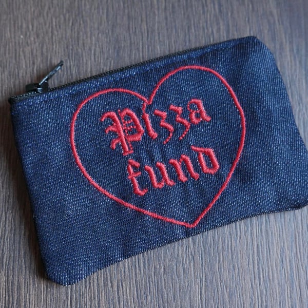 Recycled Denim Coin Purse with 'Pizza Fund' heart embroidery - sustainable