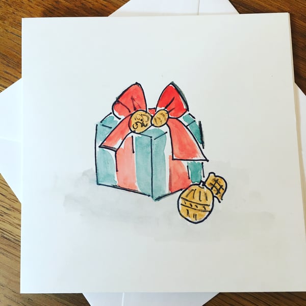 Hand Painted Christmas Card - Christmas Present - Christmas Cards