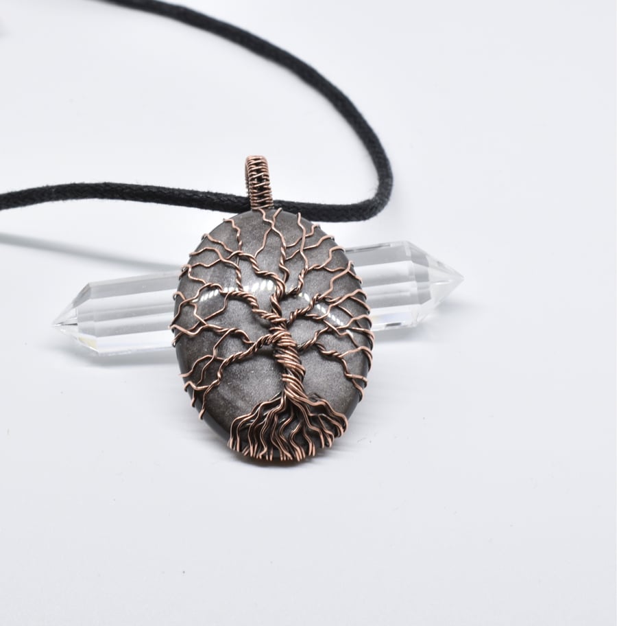 Silver Sheen Obsidian Wire Wrapped Copper Tree of Life Yggdrasil Pendant