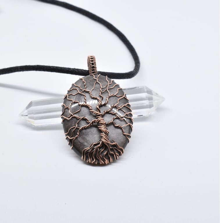 Silver Sheen Obsidian Wire Wrapped Copper Tree of Life Yggdrasil Pendant