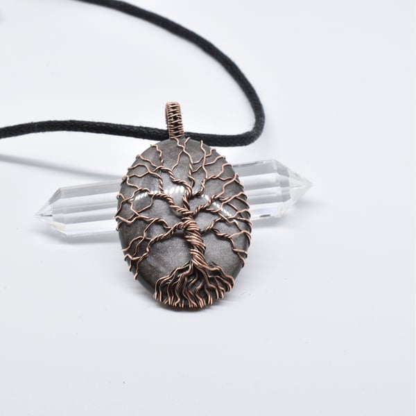 Silver Sheen Obsidian Wire Wrapped Copper Tree of Life Yggdrasil Pendant