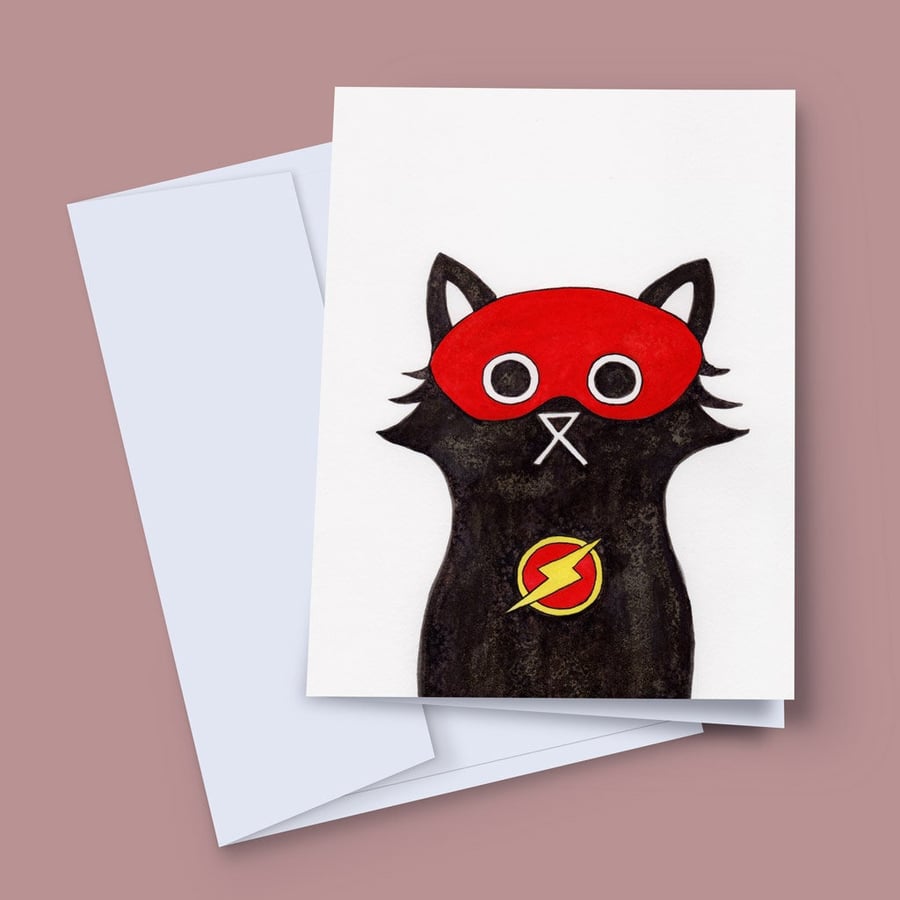 Superhero Card, Cat Card, Flash Cat Blank Greeting Card, Superhero Party Invite