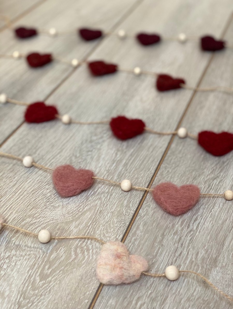 Pale Shimmer Needle Felted Heart Garland 
