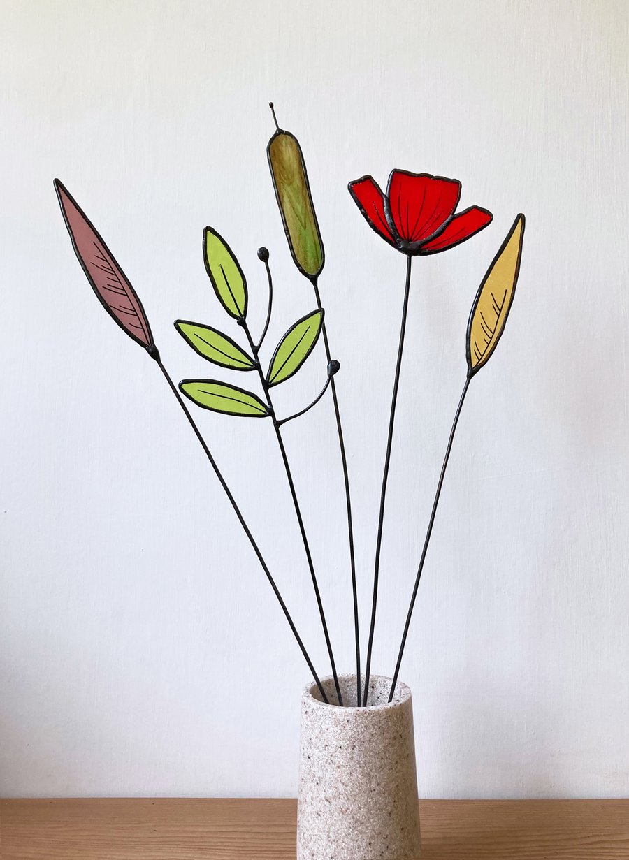 Stained Glass Wild Flowers, Everlasting Bouquet, Five Stem Flower Arrangement