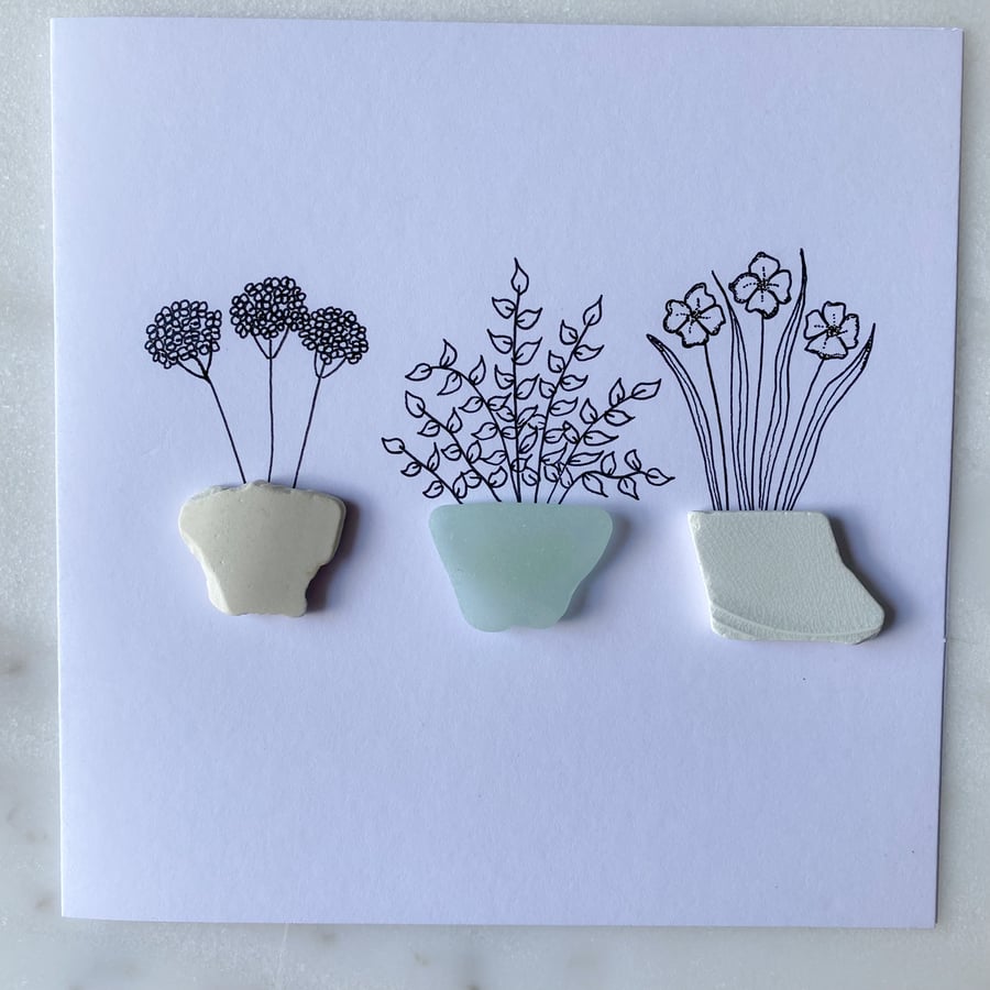 Cornwall sea glass & pottery plant greetings card