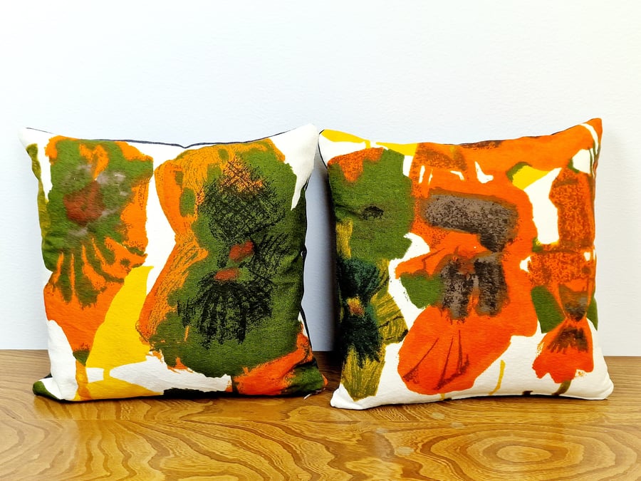 2 Handmade Heals Howard Carter Pansies cushion vintage 1960s fabric