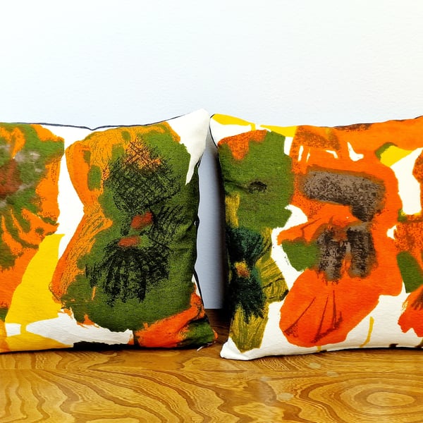 2 Handmade Heals Howard Carter Pansies cushion vintage 1960s fabric