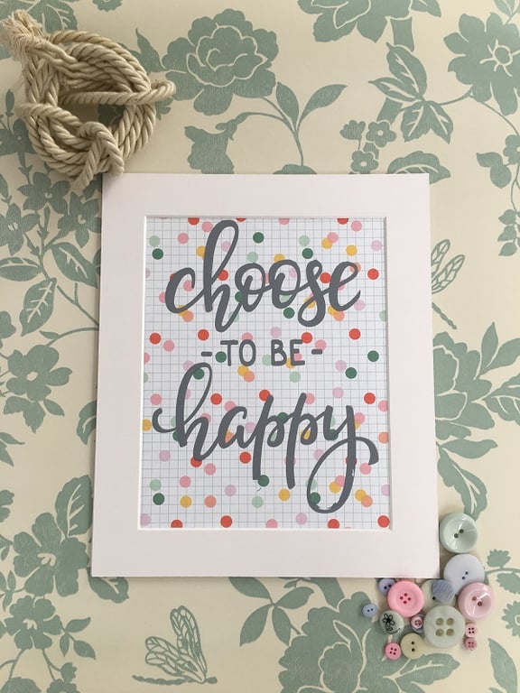 "Choose To Be Happy" Handprinted Inspirational Quote 25x30cm (10"x12")