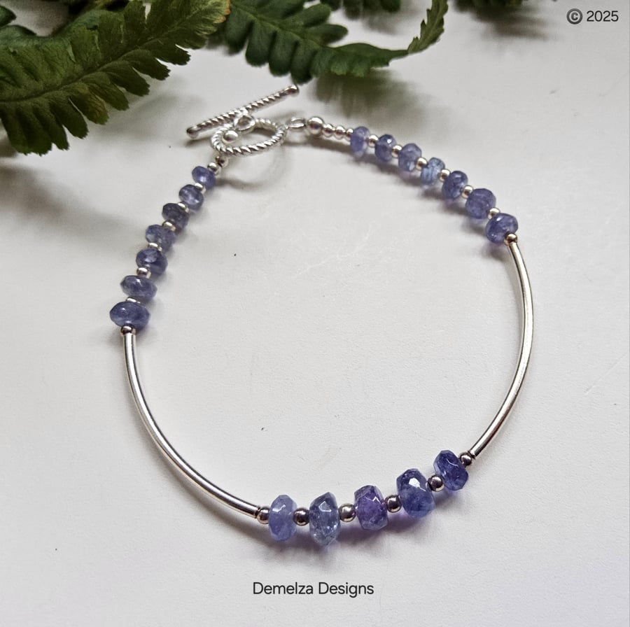 Designer AAA Tanzanite Faceted Bead Sterling Silver Noodle Bracelet