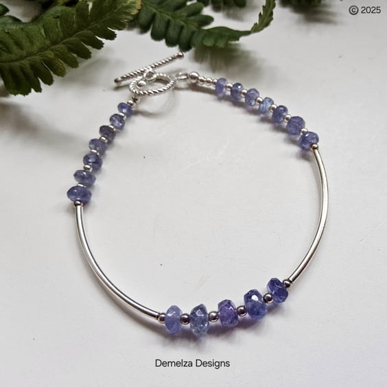 Designer AAA Tanzanite Faceted Bead Sterling Silver Noodle Bracelet