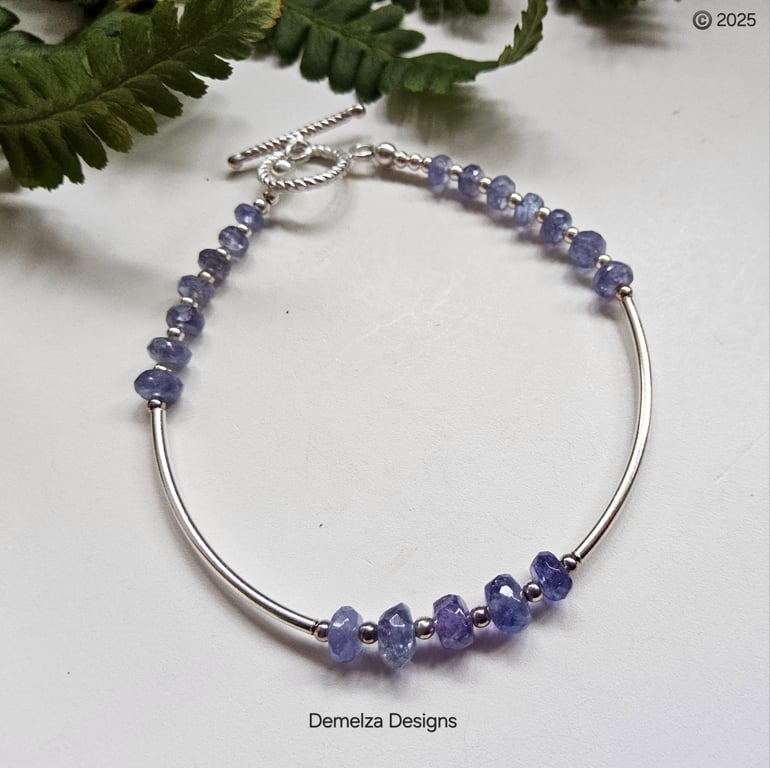 Designer AAA Tanzanite Faceted Bead Sterling Silver Noodle Bracelet