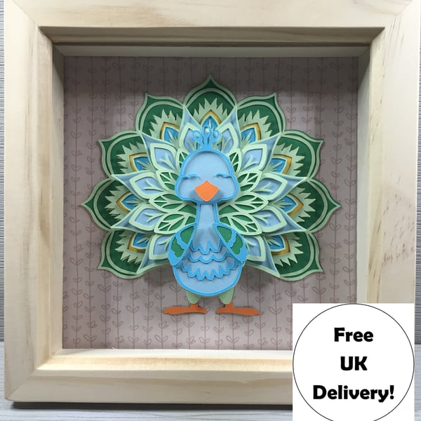 3D Peacock Picture in a Wooden Frame - Wall Art