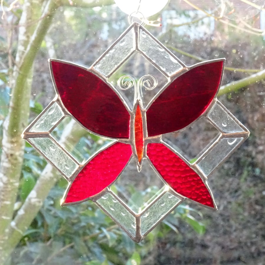 Stained Glass Butterfly Suncatcher - Red  