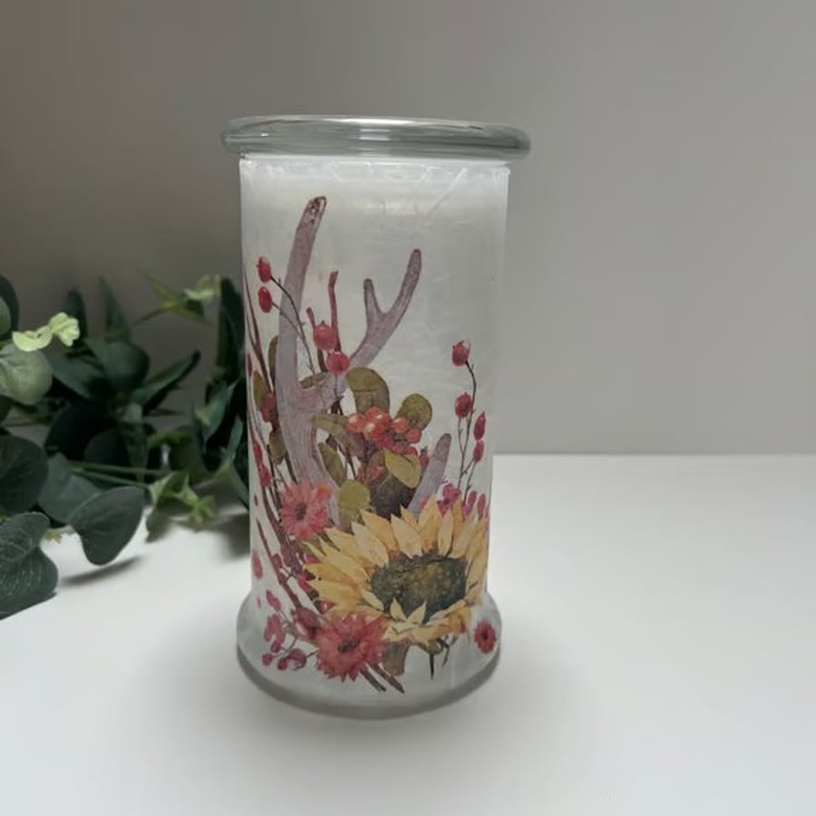 Upcycled Glass Candle Jar: Vase, Storage Jar, Decoupage Autumn Sunflowers