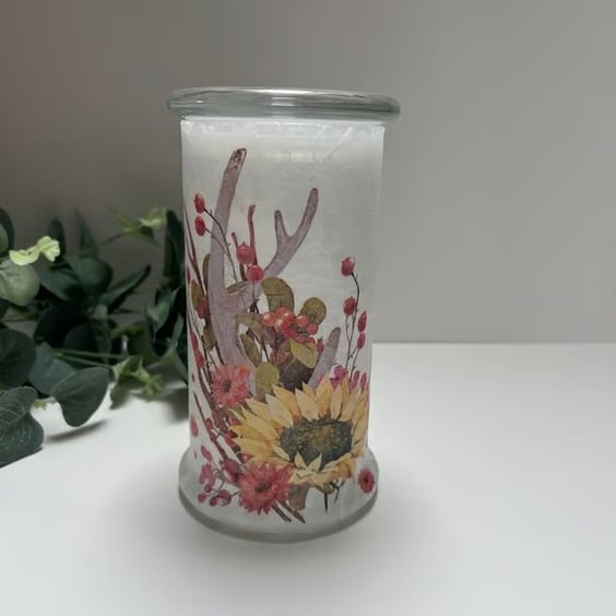 Upcycled Glass Candle Jar: Storage Jar, Decoupage Autumn Sunflowers