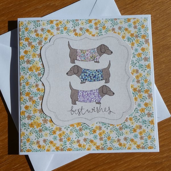Dachshund Card - Best Wishes - Yellow Floral