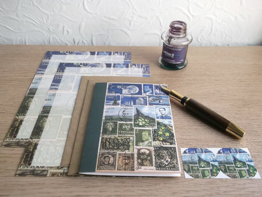 Letter Writing Set, Paper & NoteCard Set - Choice of 3 Postage Stamp Art Designs