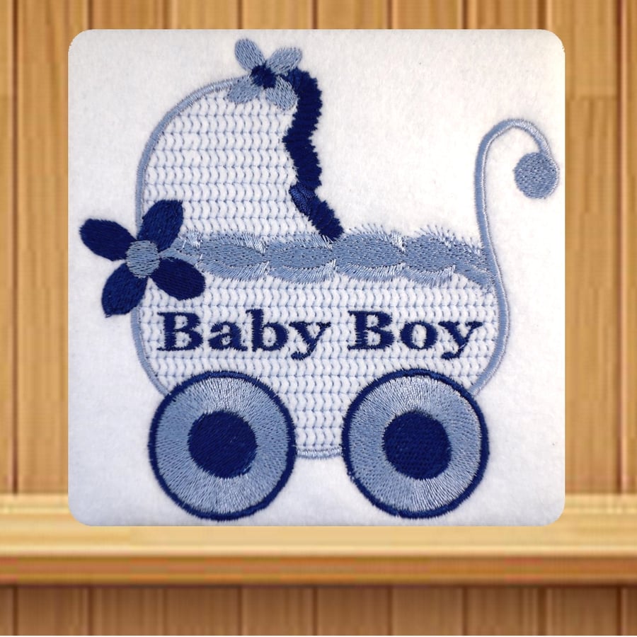  Handmade baby boy and Pram greetings card embroidered design 