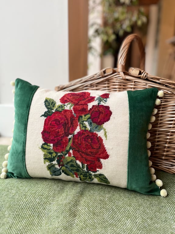 Red Roses tapestry cushion cover with reclaimed velvet