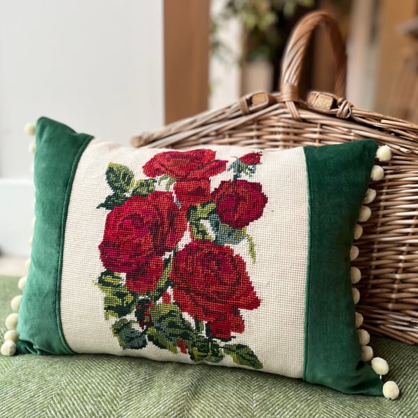Red Roses tapestry cushion cover with reclaimed velvet