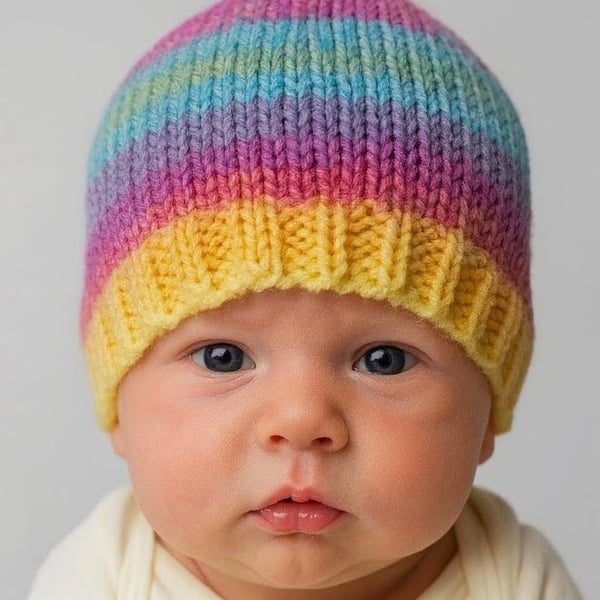 Hand Knitted Rainbow Baby Hat 0-3 Months, Multicoloured Winter Accessories