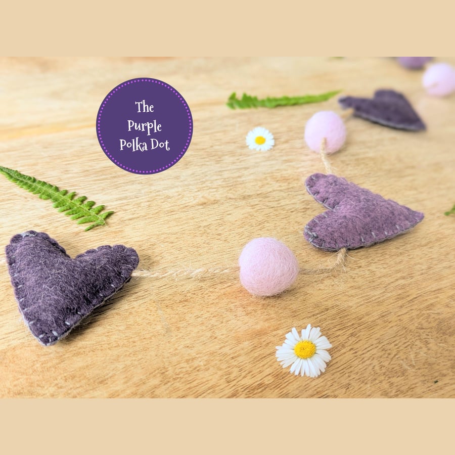 Purple heart garland handmade from heathered wool blend felt