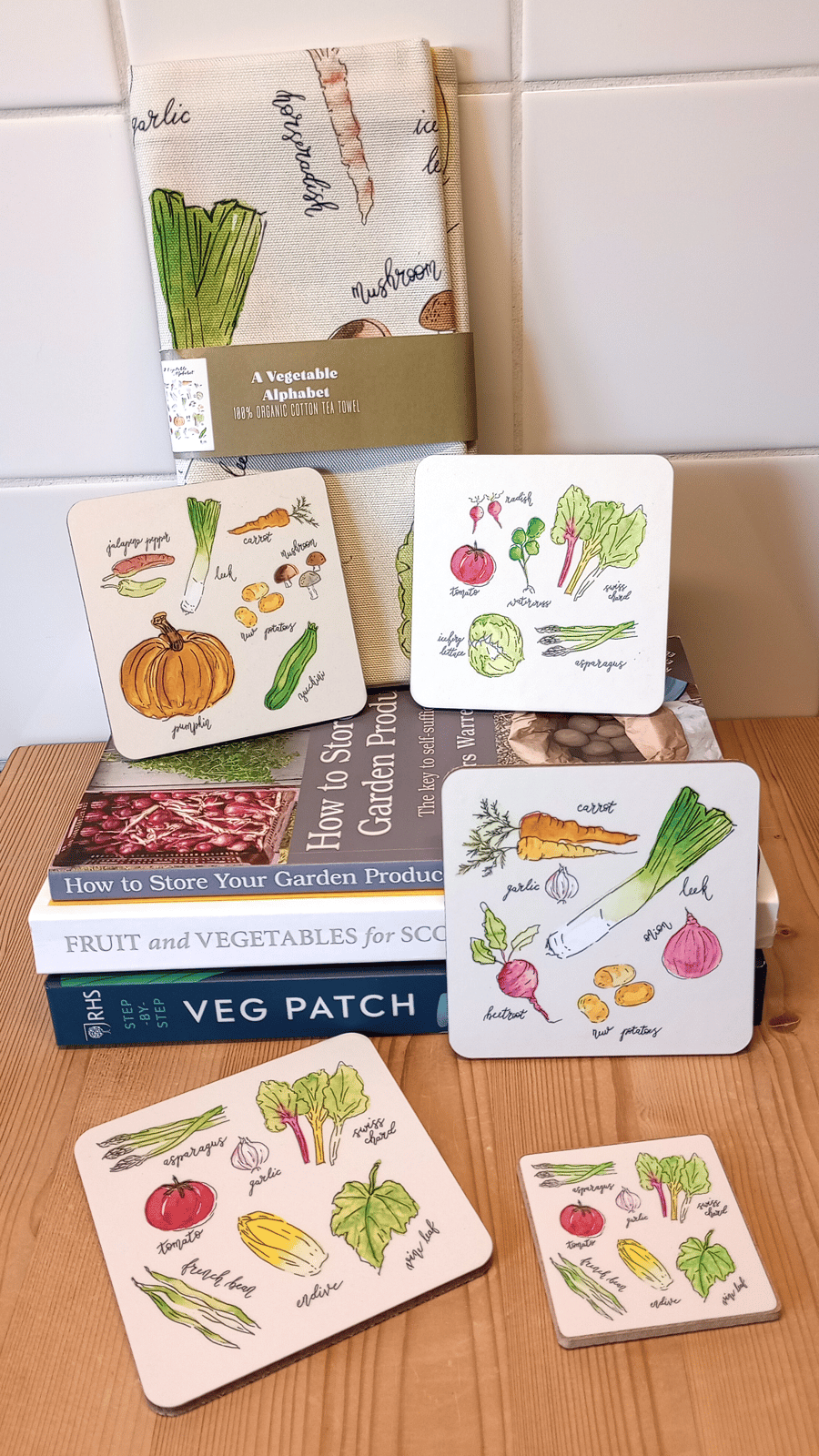 Illustrated Vegetables Eco Gift Set No2: Tea Towel, x4 Wooden Coasters & Magnet