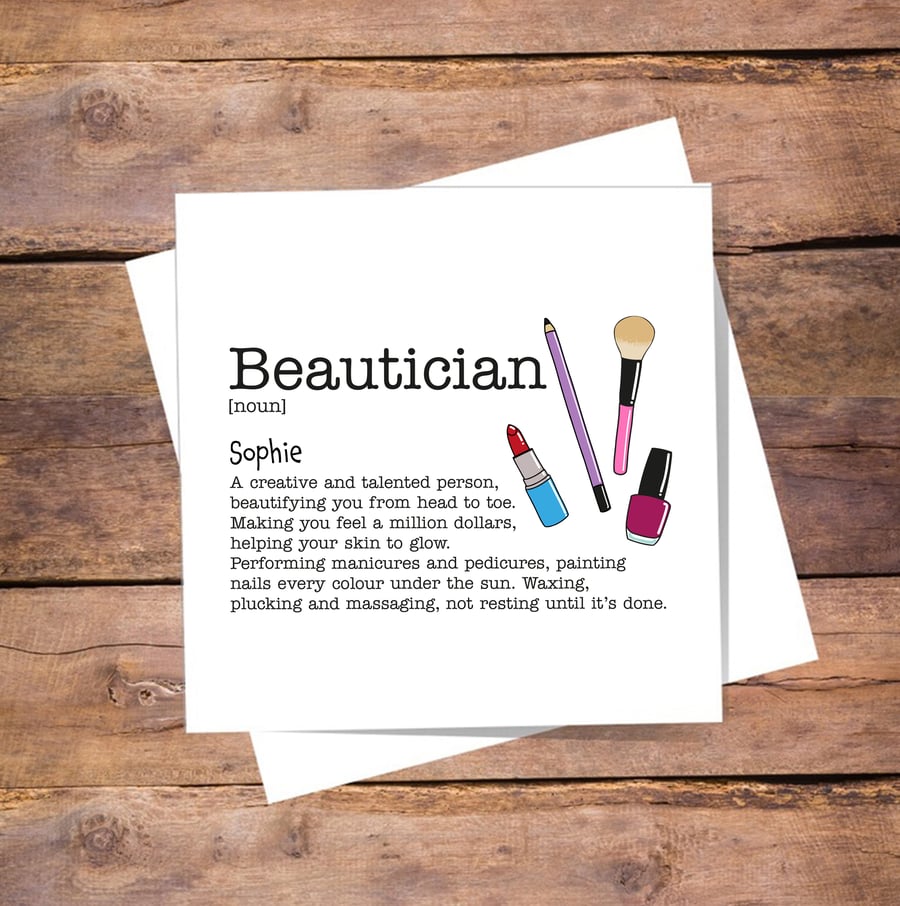 Beautician Definition Card - Birthday, Thank you, personalised
