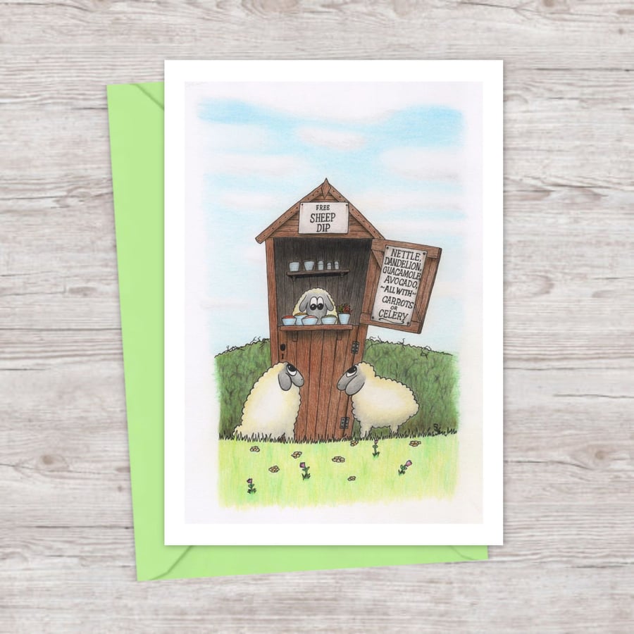 Sheep Dip Greeting Card: Cute and Funny Pencil Illustration (216)