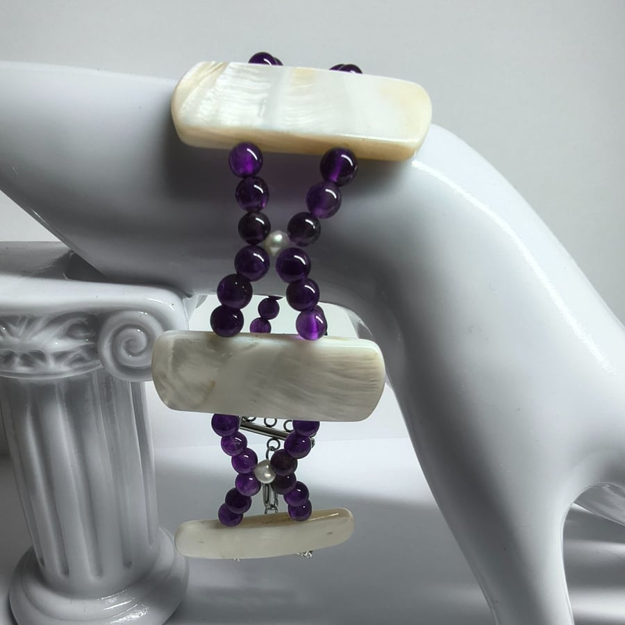 Unique Amethyst & Mother Of Pearl Bracelet Silver Tone Plus Size Jewellery UK