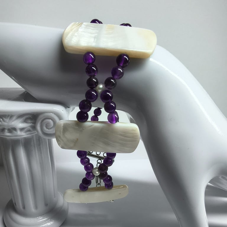 Unique Amethyst & Mother Of Pearl Bracelet Silver Tone Plus Size Jewellery UK