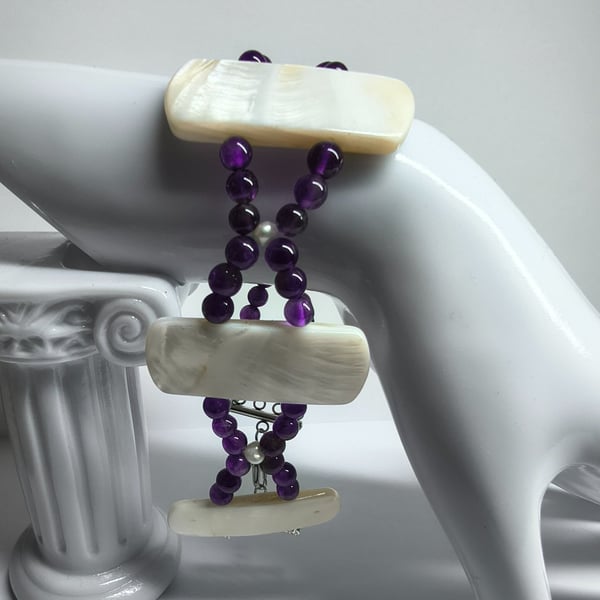 Unique Amethyst & Mother Of Pearl Bracelet Silver Tone Plus Size Jewellery UK