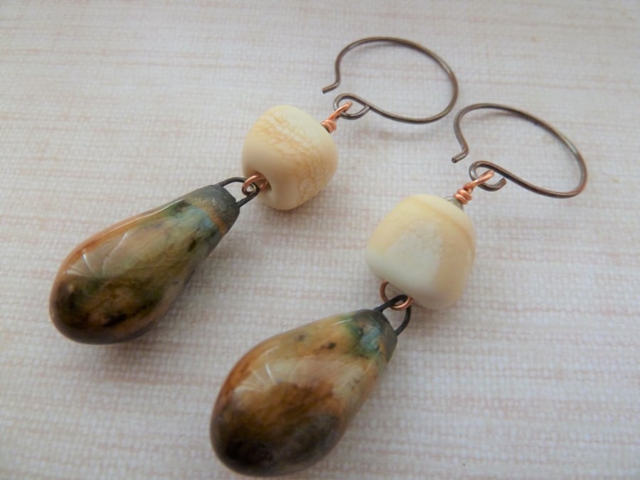 lampwork, copper and ceramic earrings