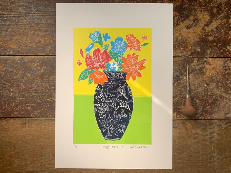 Linocut print Vase of flowers Floral Flowers A3 Original Art Still life Hand Pri