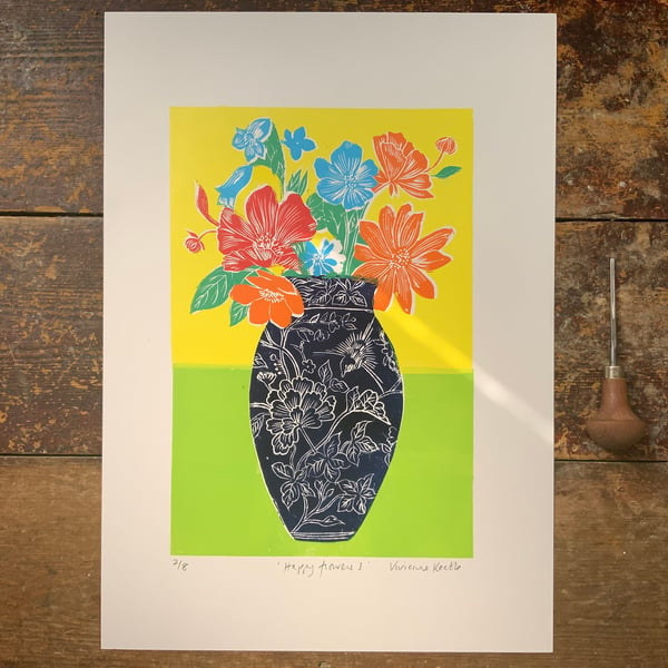 Linocut print Vase of flowers Floral Flowers A3 Original Art Still life Hand Pri