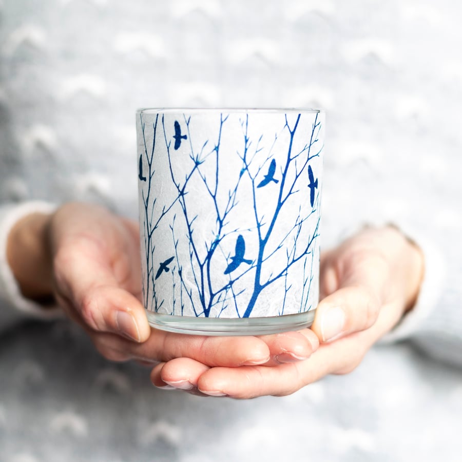 Flock of birds Cyanotype tea light holder, blue and white candle holder, Seconds
