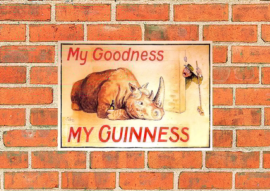 Guinness metal sign. Drawing of original zookeeper and Rhino. Pub, Bar, mancave