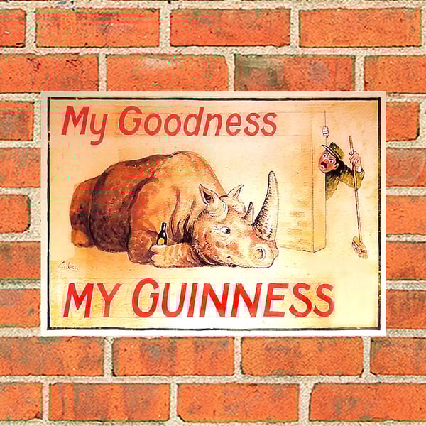 Guinness metal sign. Drawing of original zookeeper and Rhino. Pub, Bar, mancave