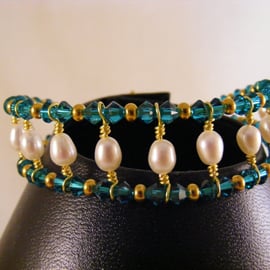 Blue Zircon Crystal and Freshwater Pearl Bracelet