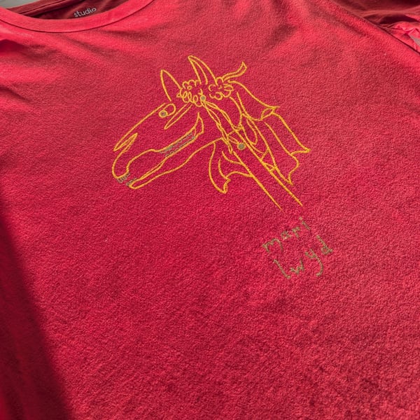 Unique hand-painted upcycled Mari Lwyd t-shirt