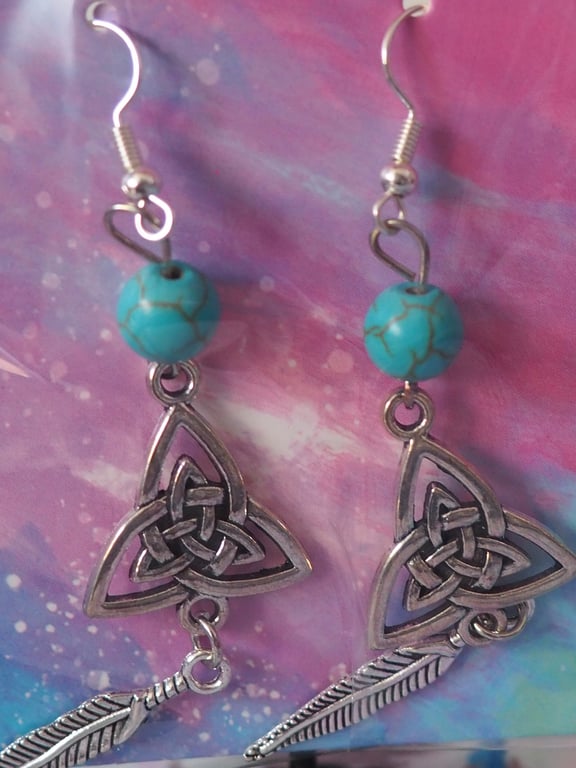 Turquoise Beaded Dangle Earrings with Triangular Celtic Knot Charms