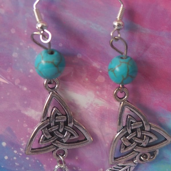 Turquoise Beaded Dangle Earrings with Triangular Celtic Knot Charms