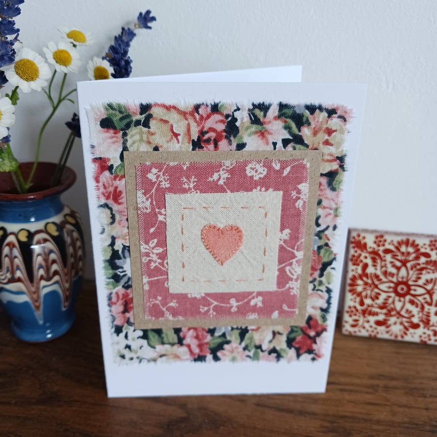 Painted Heart with Vintage Fabrics hand stitched card - CLEARANCE