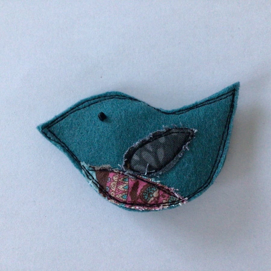 Textile Appliqué Blue Bird Brooch