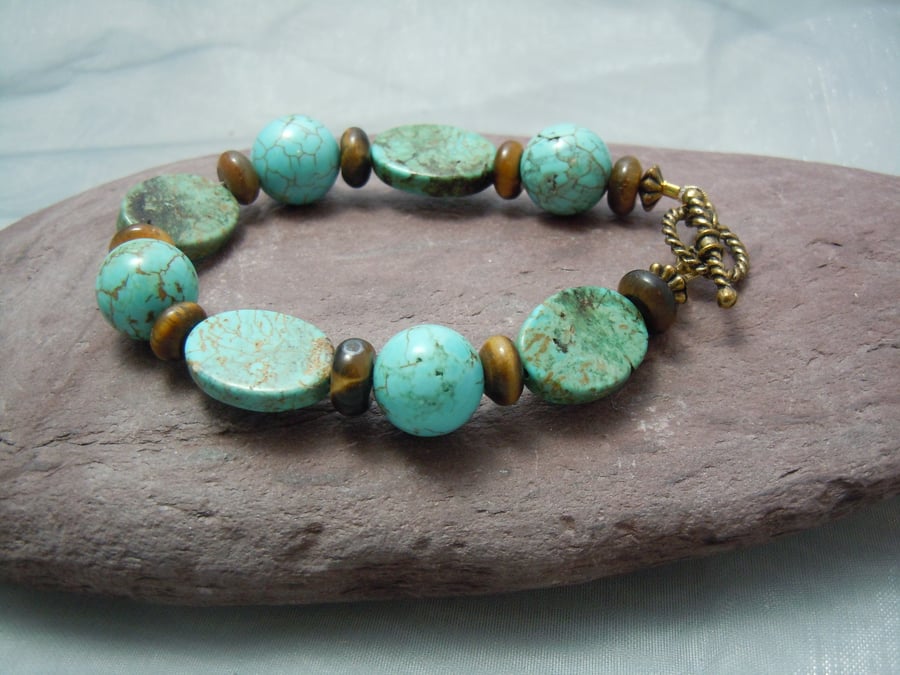 Gemstone Turquoise & Tiger's Eye bracelet with gold plate  toggle clasp