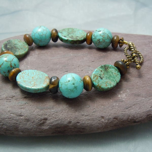 Gemstone Turquoise & Tiger's Eye bracelet with gold plate  toggle clasp