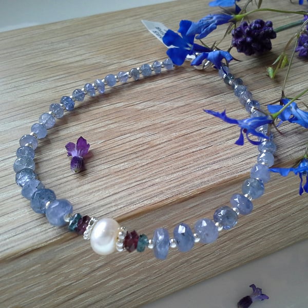 Dainty Tanzanite, Freshwater Pearl,  Garnet &  Kyanite Sterling Silver Bracelet