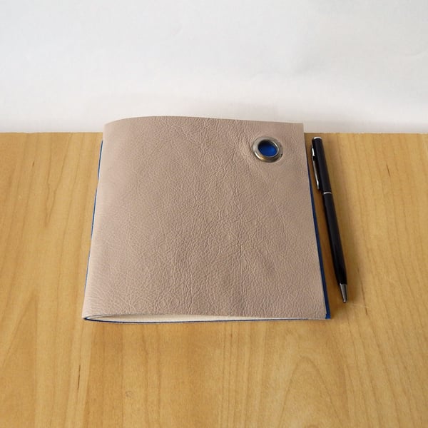 Grey Leather Notebook lined with blue handmade paper. Gifts for men, for artists